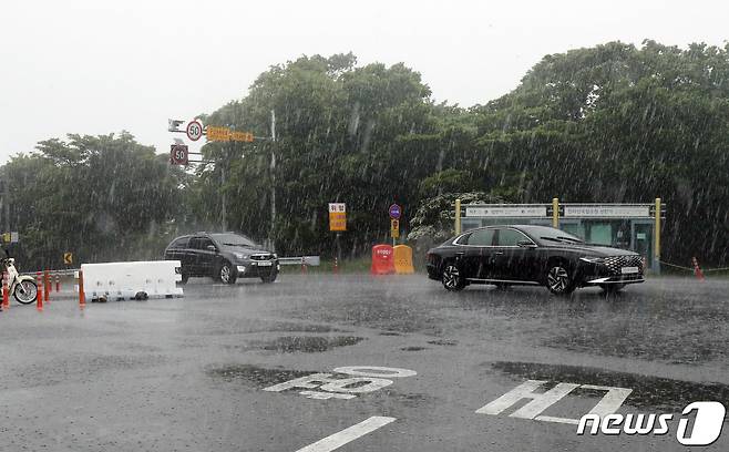 호우특보가 발효 중인 11일 오전 제주 한라산국립공원에 폭우가 쏟아지고 있다..2021.6.11/뉴스1 © News1 오현지 기자