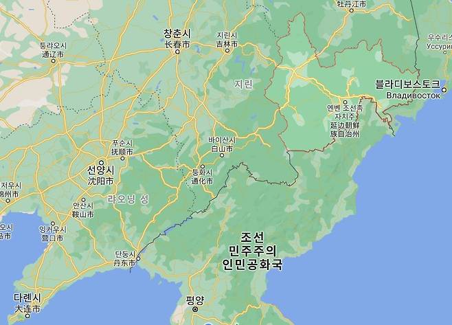 중국 지린성 옌볜(延邊) 조선족자치주 위치(한반도 우측 상단 빨간색 테두리 지역) [구글지도 캡처. 재판매 및 DB 금지]