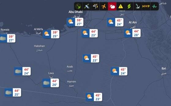 UAE 남부지방의 13일 기온 예보. 곳곳에서 최고기온 44~45도가 예보됐고, 일부 지역은 밤동안에도 기온이 25도 이상 유지되는 열대야가 예상된다. UAE NCM