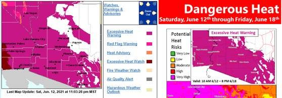 미국 애리조나 주 피닉스 인근에 12일부터 18일까지 폭염경보가 내려진 화면. 21일까지 피닉스는 최고 46도를 기록할 것으로 예보됐다. 자료 NOAA