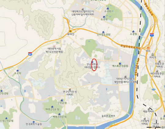 대전시가 K-바이오 랩허브 사업 대상지로 확정한 대전 유성구 전민동 일대. 대전테크노파크 바이오벤처센터와 한남대 대덕캠퍼스 일부 부지를 포함하고 있다. 대전시 제공