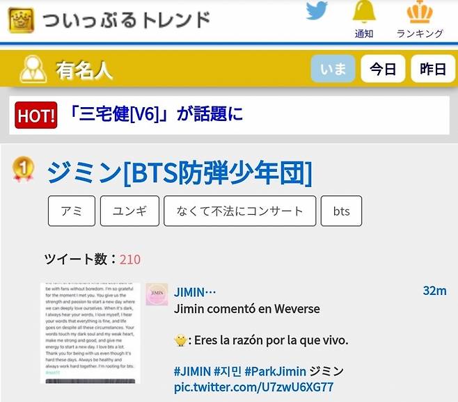 방탄소년단 지민(BTS JIMIN) 일본 유명인 랭킹 1위