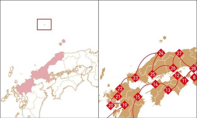 성화 봉송 코스를 소개하는 일본 지도에서 독도를 일본 영토처럼 표기해 논란을 빚고 있는 도쿄올림픽 조직위원회 홈페이지. 연합뉴스