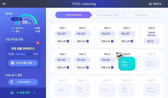 AI 영어듣기 TASS 리스닝 메인 화면