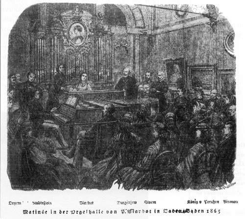 독일 바덴바덴에 정착할 당시 폴린 비아르도의 살롱을 그린 그림. 오르간이 설치된 비아르도의 살롱은 문화 사교계의 중심이었으며 투르게네프도 1863년 비아르도 부부를 따라 이주하여 1870년까지 바덴바덴에 거주했다.

사진 출처 위키미디어
