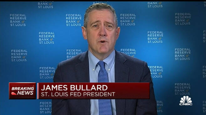 제임스 불러드 미국 세인트루이스 연방준비은행 총재가 18일(현지시간) CNBC에 출연해 발언하고 있다. (출처=CNBC)