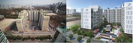 11월 리모델링 준공 예정인 개포우성9차 과거 모습(왼쪽)과 리모델링 후 조감도. 포스코건설