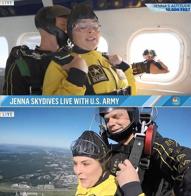 제나 부시 헤이거가 최근 2018년 세상을 떠난 할아버지&nbsp;조지 H W 부시 전 미국 대통령을 추모하며 스카이다이빙을 하는 모습. 3㎞ 상공을 나는 헬리콥터 안에서 두려움에 떨던 제나(위 사진)는 막상 자유낙하에 돌입하자 스릴과 스피드를 만끽했다(아래 사진). NBC 방송 화면 캡처