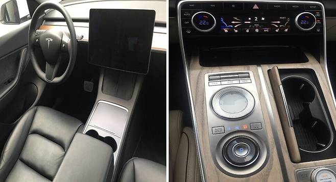 테슬라 모델Y의 기어박스 자리(왼쪽)와 현대차 GV80 기어박스(오른쪽)