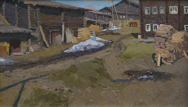 스토좌로프의 <발샤야 프이싸의 급류>(1964). 홍수 이후 폐허가 된 마을을 두터운 붓터치로 그려냈다.