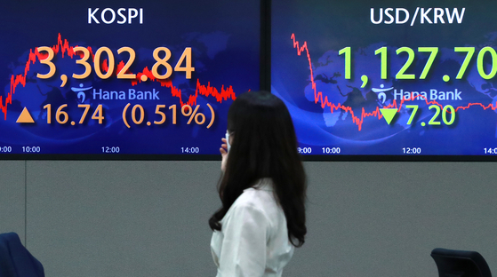 A board at Hana Bank in Seoul on Friday shows the Kospi closing above 3,300 for the first time. The Kospi has hit new hights14 times this year, and five times this month alone. [NEWS1]