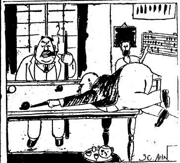 석영 안석주가 1928년10월17일자에 그린 만문만화 . 경성의 부자들이 당구에 빠진 풍경을 풍자했다.