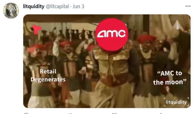 인스타그램과 트위터에서 '밈 군주'로 불리는 '릿퀴디티'의 트위터. 최근 미국의 영화관 체인 AMC 주가가 개인투자자들의 구매로 급상승하는 모습을 묘사한 영상이다. 트위터 캡처