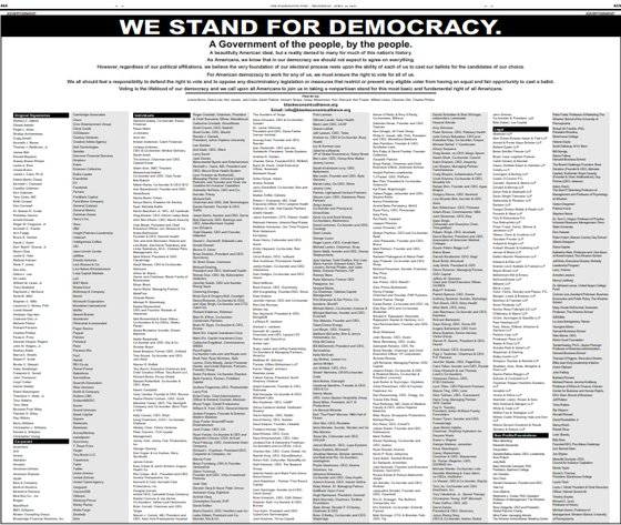 지난달 2일(현지시간) 약 200개의 기업들이 투표권 보장을 촉구하며 워싱턴포스트(WP)지에 발표한 공동성명문. 사진 WP게재면 캡처