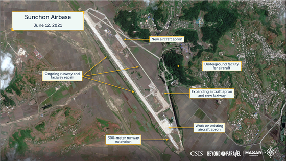 A satellite image from June 12 showing ongoing repairs and extensions to runways and aircraft aprons at Sunchon Air Base in South Pyongan, North Korea. [CSIS]