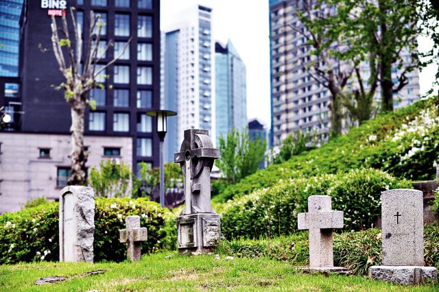 우리나라에서 활동하다 세상을 떠난 선교사들이 안장된 서울 마포구 외국인선교사묘지공원의 모습. 다양한 모양의 묘비가 뒤편의 신식 빌딩들과 대조를 이룬다.
