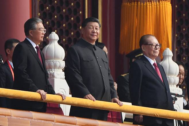 2019년 천안문 망루에 나란히 선 후진타오, 시진핑, 장저민 /사진=AFP