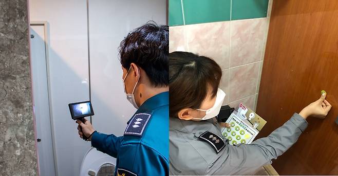- 사진은 서울 송파경찰서 여성청소년과 소속 경찰관들이 관할구역 학교의 화장실을 다니면서 불법촬영 카메라 설치 여부를 단속하고 있는 모습. 서울 송파경찰서 제공.
