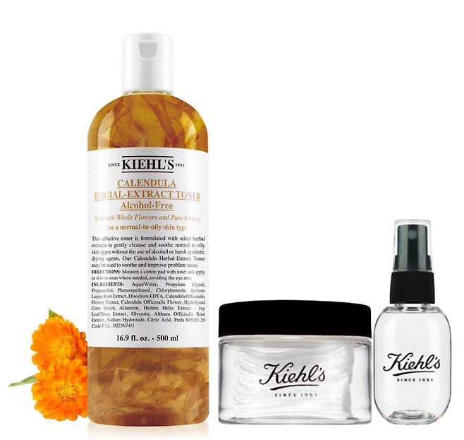 키엘 칼렌듈라 꽃잎 토너 - 진정 효과가 뛰어난 칼렌듈라 토너에 화장 솜을 적셔 토너 마스크로, 공병에 담아 미스트로 활용할 수 있는 한정 기간 행사 세트. 특히 각질과 트러블이 문제 되는 피부에 적합하다. 500mL 10만2천원.