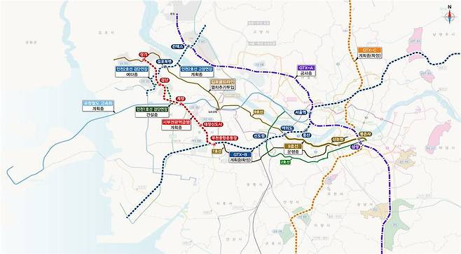 김포·검단(인천)~서울 주요도심 간 철도 이동경로