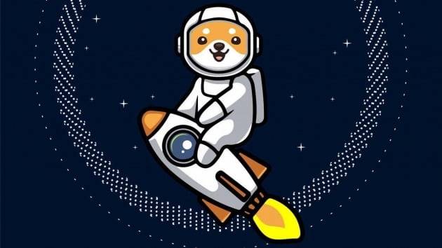 베이비 도지 마스코트가 '가격 급등'을 상징하는 로켓에 올라탄 모습.