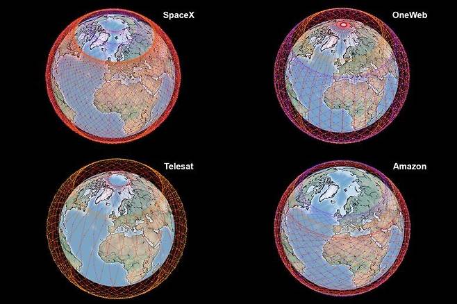 현재 추진중인 4개의 저궤도 우주인터넷망 구성 형태. MIT 제공