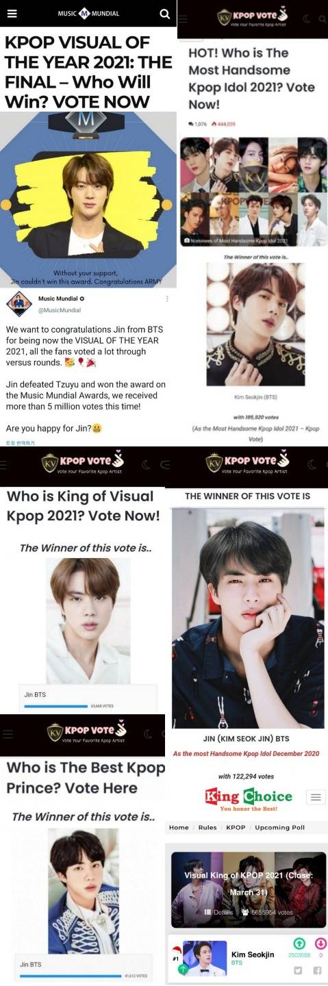'VISUAL KING' 방탄소년단 진, 'KPOP VISUAL OF THE YEAR 2021' 1위..올해 벌써 비주얼 투표 6관왕