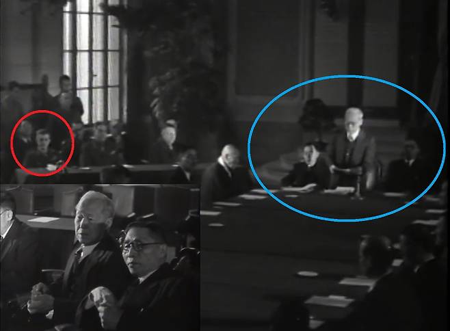 1945년 10월 13일 미군의 도움으로 김구보다 38일 먼저 서울에 도착해 정국을 장악해가던 이승만이 1946년 2월 14일 '민주의원' 결성식에서 의장으로 선출된다. 파란 원 왼쪽부터 김규식, 이승만, 김구. 붉은 원은 당시 미군정 책임자 존 하지 중장. 왼쪽 아래 사진은 이승만과 김구가 회의 직전 이야기를 나누고 있는 모습. 출처: 미국국립문서보관청