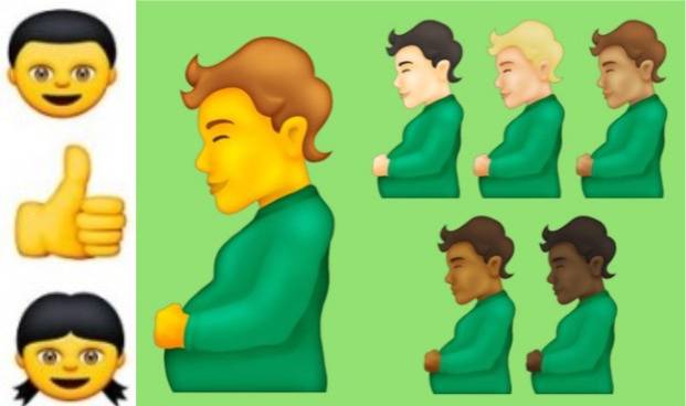 ‘동양인 비하 논란’이 일었던 노란색 얼굴의 이모티콘(왼쪽), '임신한 남성'을 표현한 이모티콘(오른쪽)[애플 iOS,이모지피디아 캡처]