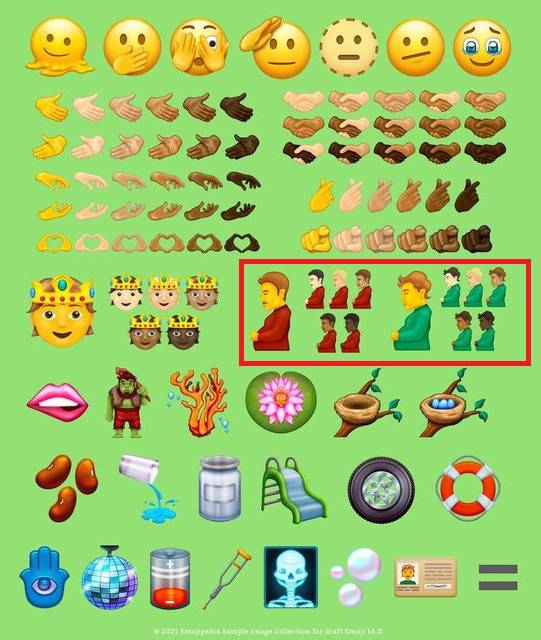 최종 후보에 오른 이모티콘들. ‘임신한 남성’이 포함돼 논란이 일고 있다.[이모지피디아 홈페이지 캡처]