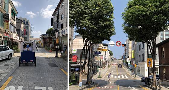 계동사거리 언덕길과 계동길 입구. 자전거에 연결해서 관광객을 태우고 돌아다니는 인력거도 만날 수 있다.