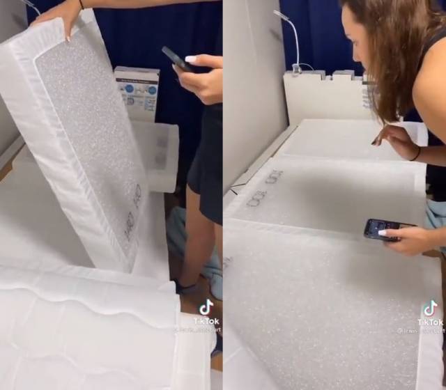 뉴질랜드 수영 대표팀 알리 갈리어 선수가 매트리스를 해체하며 “플라스틱 같다”고 말하는 모습. 선수 틱톡 영상.