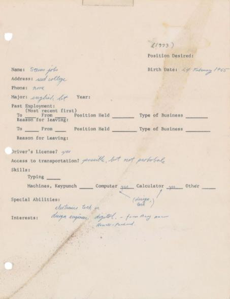 경매에 나온 스티브 잡스의 1973년 입사지원서. [출처=올리 조슈가 마련한 경매 웹사이트. 재배부 및 DB 금지]