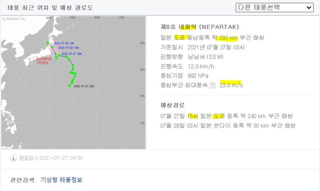 [서울=뉴시스] 열대 폭풍우 네파탁이 도쿄 근방을 강타할 예정이다 (사진=기상청) 2021.07.27 photo@newsis.com *재판매 및 DB 금지