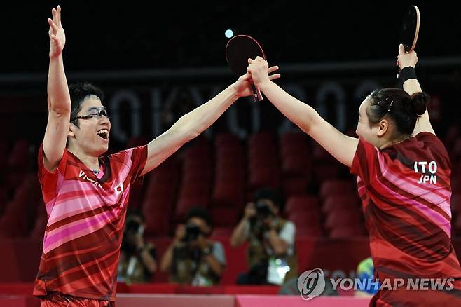 탁구 혼복 금메달에 환호하는 미즈타니 준과 이토 미마 [AFP=연합뉴스]