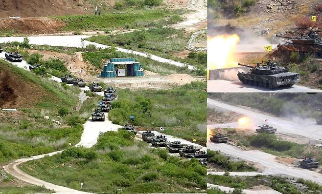 [사진: 육군] 막강 화력으로 전장을 압도하는 제20기갑여단의 제병협동 및 공지합동훈련, 기갑병과는 물론 공병, 방공 등 각 전투지원부대가 대규모 참가한 공지합동전투수행능력 향상을 위한 훈련