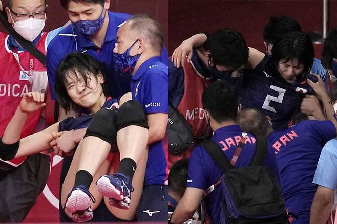 일본 배구선수 코가 사리나가 부상을 입었지만, 경기장 내에 들것이 들어오지 않아 코치가 손으로 선수를 옮기고 있다. 해당 SNS·일본 매체 