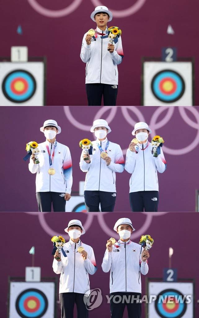 [올림픽] 안산, 사상 첫 올림픽 양궁 3관왕 (도쿄=연합뉴스) 손형주 이지은 류영석 기자 = 여자 양궁 안산이 사상 첫 올림픽 양궁 3관왕에 올랐다.  
    한국 여자 양궁 대표팀 안산이 일본 유메노시마 공원 양궁장에서 열린 도쿄올림픽 양궁에서 30일 여자 개인전, 지난 25일 여자 단체전, 지난 24일 혼성 단체전 시상대에 올라 금메달을 목에 걸고 있다.  2021.7.30 jieunlee@yna.co.kr
