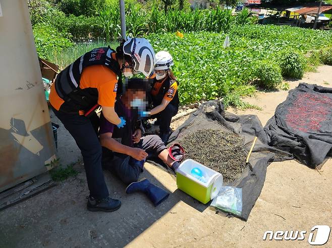 지난 7월 1일 홍성군 갈산면에서 발생한 열경련 환자에게 119구급대원이 얼음조끼 등으로 응급처치를 하고 있다.(충남소방본부 제공).© 뉴스1