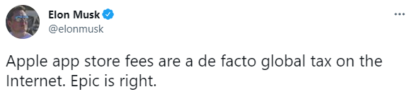 일론 머스크 테슬라 최고경영자(CEO)가 트위터를 통해 애플의 앱스토어 수수료가 인터넷에서 사실상 글로벌 세금이나 마찬가지라고 비판했다./일론 머스크 트위터 캡처