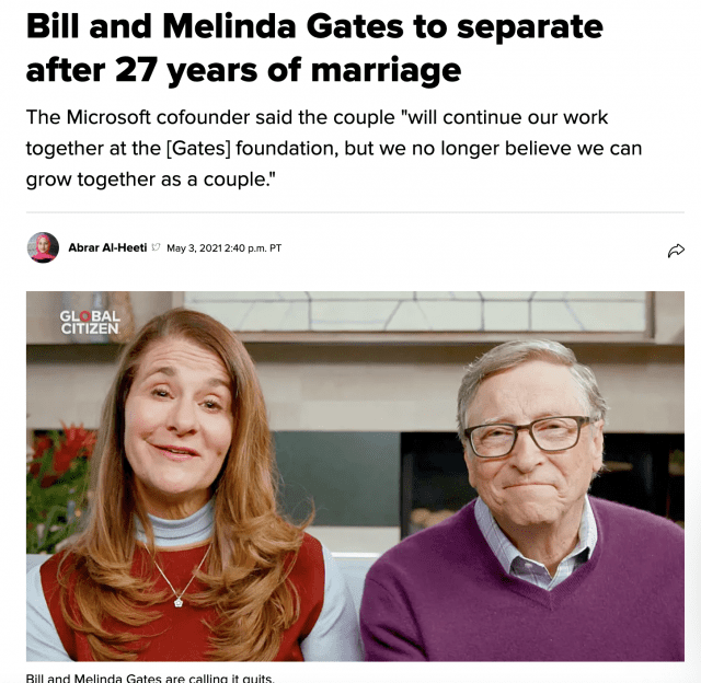 빌 게이츠와 멜린다 게이츠 부부 이혼소식을 전해주는 미국 씨넷 기사.