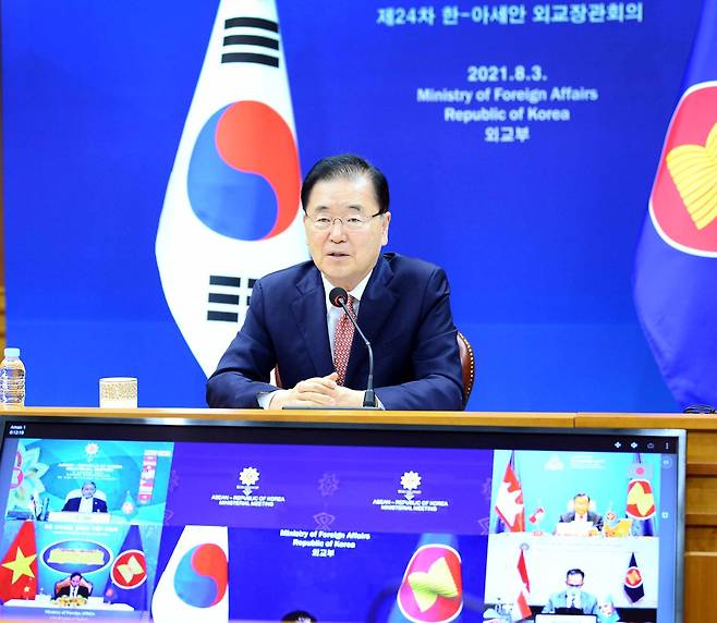 South Korean Foreign Minister Chung Eui-yong speaks during the South Korea-ASEAN foreign ministerial meeting via video link at the foreign ministry in Seoul on Tuesday. (Ministry of Foreign Affairs)