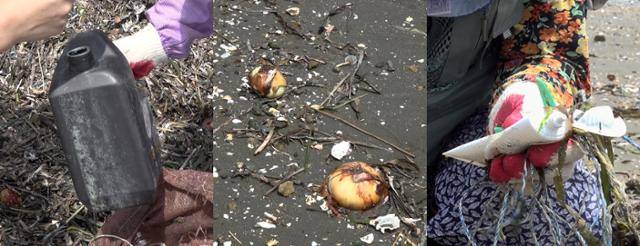 해변에서 예상치 못한 쓰레기들도 만났다. 지난달 23일 경남 통영 선촌마을의 한 해변에 엔진오일통과 양파, 그리고 선크림 용기가 버려져 있다. 양식장 조업 중 떨어졌을 수도 있지만, 누가 일부러 버린 것일 수도 있다. 현유리 PD