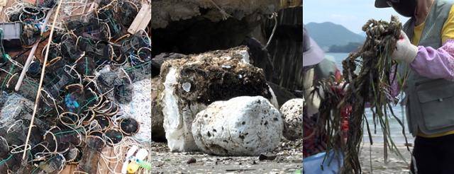 어구 폐기물은 통영 곳곳에서 볼 수 있었다. 왼쪽부터 통발과 그물, 스티로폼 부표, 밧줄이다. 통발이나 그물 중엔 재활용 가능한 플라스틱 재질이 많아 전처리(예비처리)를 거치면 재활용이 가능하지만, 처리가 까다로운 데다 전처리장도 없어 대부분 버려진다. 굴이나 김 양식을 많이 하는 지역에서 볼 수 있는 스티로폼 부표는 바다에 오래 둘수록 조각나 미세플라스틱이 된다. 부표나 통발을 연결하기 위해 사용하는 밧줄 잔해도 자주 볼 수 있는 어업 폐기물이다. 현유리 PD