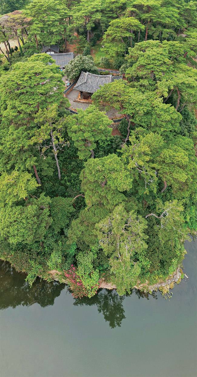 전남 장흥의 탐진강 변에는 여덟 개의 누정(樓亭·누각과 정자)이 있다. 이름하여 ‘탐진강 변 8 정자’다. 그중에서도 손꼽히는 곳이 탐진강 지류 부산천 물길을 끼고 있는 사진 속의 정자 동백정이다. 정자는 물가의 봉긋한 언덕 위 동백나무숲과 솔숲 사이에 숨은 듯 있다. 시인 묵객들이 시문을 나누는 곳이기도 했고, 마을 사람들이 정자에서 대동계 집회를 하기도 했다. 동백정처럼 장흥의 정자는 주민들이 무시로 드나들었던 공유의 공간이었다. 그건 지금도 그렇다.