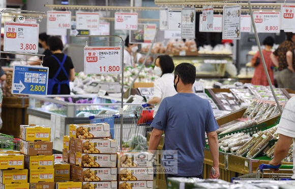 8일 서울 시내의 한 대형마트에서 시민들이 장을 보고 있다. 경제협력개발기구(OECD)에 따르면 우리나라의 올 2분기 식품물가 상승률은 7.3%로 38개 회원국 가운데 터키와 호주에 이어 세 번째였다.오장환 기자 5zzang@seoul.co.kr