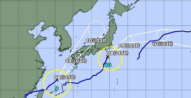 일본 기상청의 태풍 9·10호 진행 예상도. [일본 기상청 홈페이지 사진 갈무리]