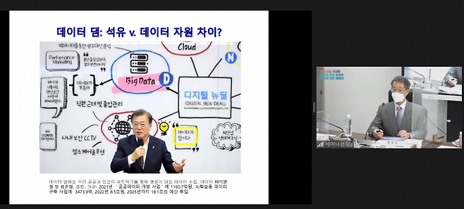 정상조 교수(서울대학교 법학전문대학원)가 10일 열린 '인공지능 시대의 데이터 자산 보호와 활용 세미나'에서 주제발표를 하고 있다.  [사진=행사 화면 캡처]