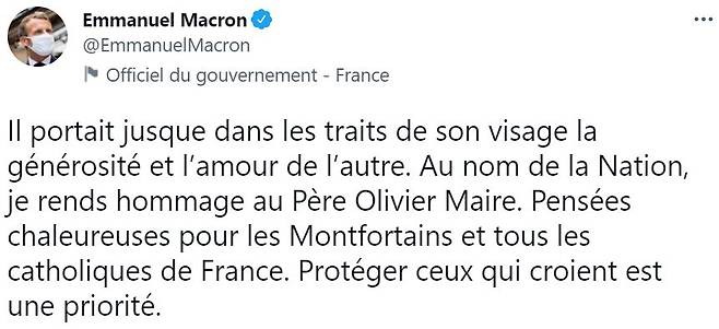 프랑스 낭트 대성당 방화범이 자신에게 거처를 제공해 준 신부를 살해했다고 자백한 사실이 알려졌다. 사진은 에마뉘엘 마크롱 대통령이 살해당한 신부를 추모하는 글을 올린 모습. /사진=트위터 캡처
