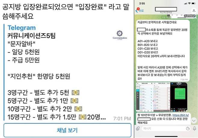 신종 불법 스팸 세력이 모집된 아르바이트 인원에게 텔레그램으로 업무 소개를 하는 모습. /방통위 제공